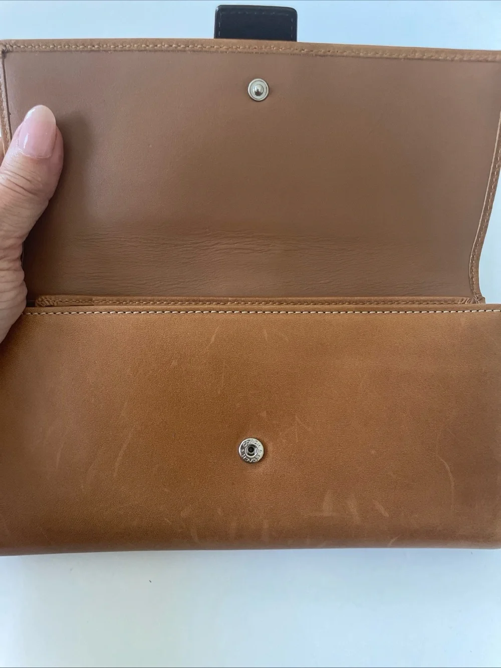 Coach Tan and Dark Brown Leather Buckle Continental Wallet